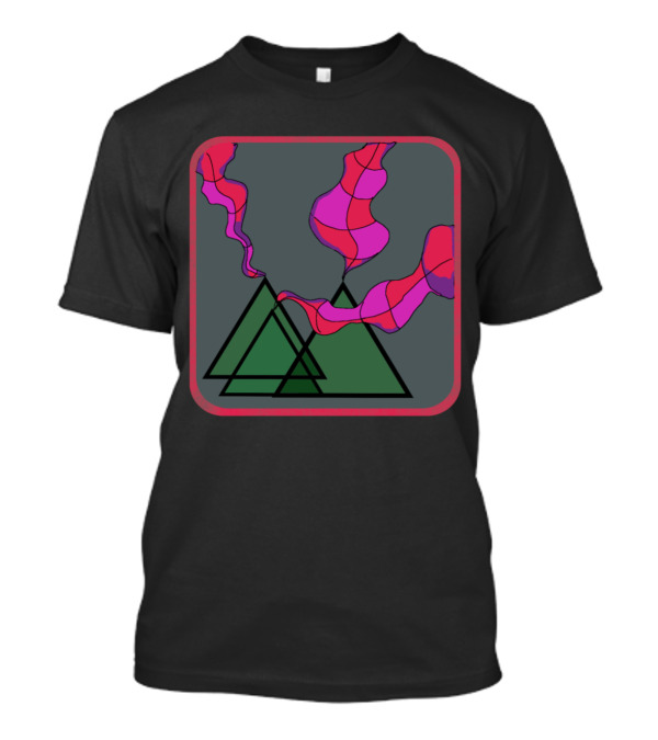 Abstract Colorful Smoke Over Geometric Green Mountain Shapes T-Shirt