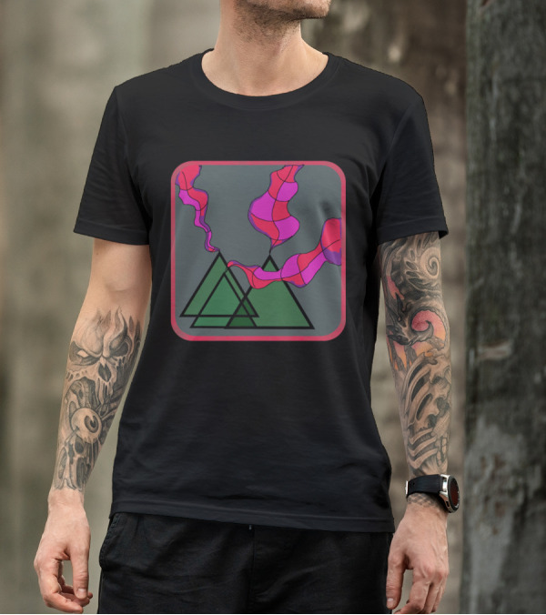 Abstract Colorful Smoke Over Geometric Green Mountain Shapes T-Shirt