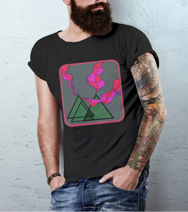 Abstract Colorful Smoke Over Geometric Green Mountain Shapes T-Shirt