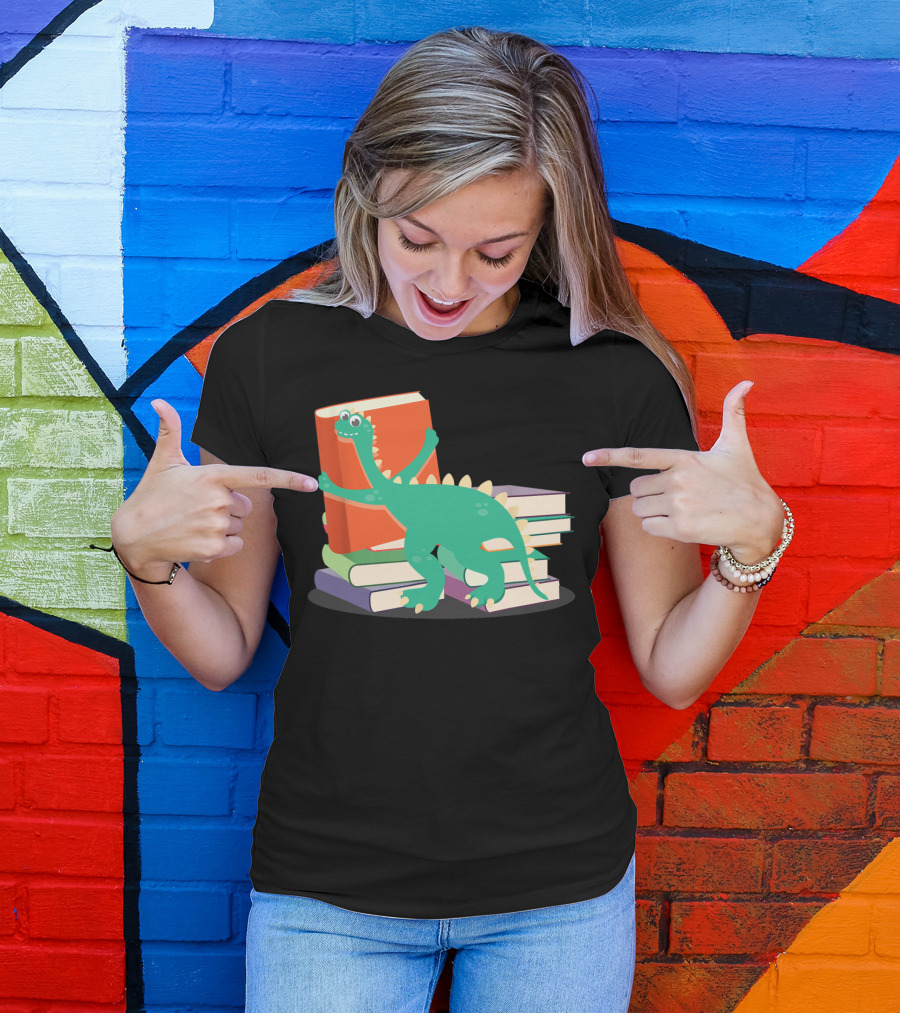 Cute Bookish Dinosaur Hugging Stack Of Books For Literary Lovers T-Shirt