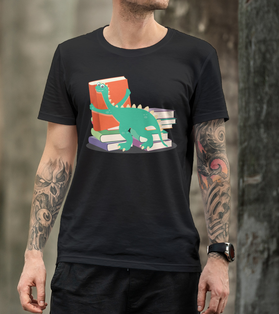 Cute Bookish Dinosaur Hugging Stack Of Books For Literary Lovers T-Shirt