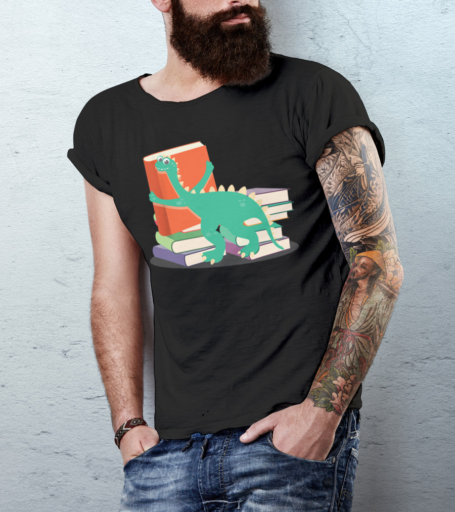 Cute Bookish Dinosaur Hugging Stack Of Books For Literary Lovers T-Shirt