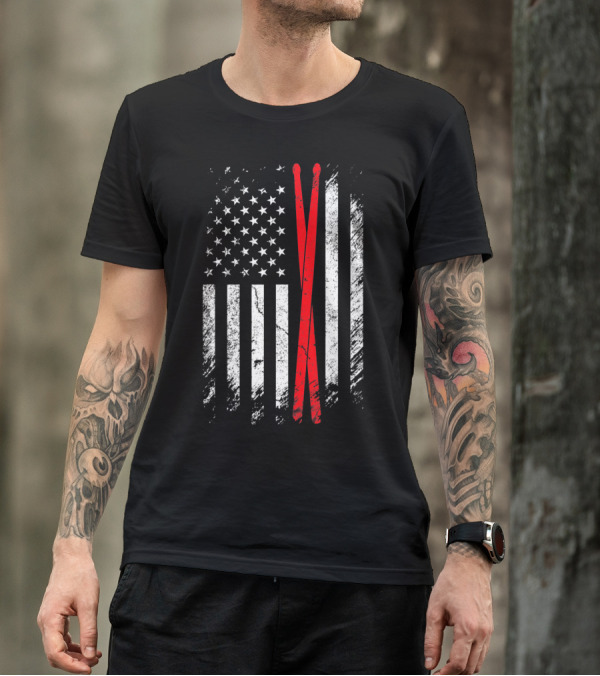 Vintage American Flag With Drumsticks Drummer T-Shirt