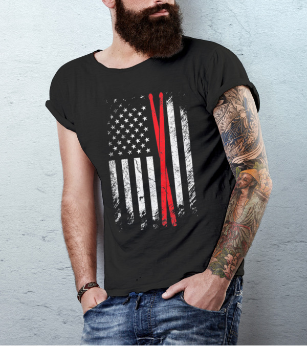 Vintage American Flag With Drumsticks Drummer T-Shirt
