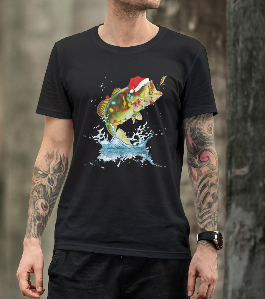 Santa Hat Bass Fishing With Christmas Lights Splash T-Shirt
