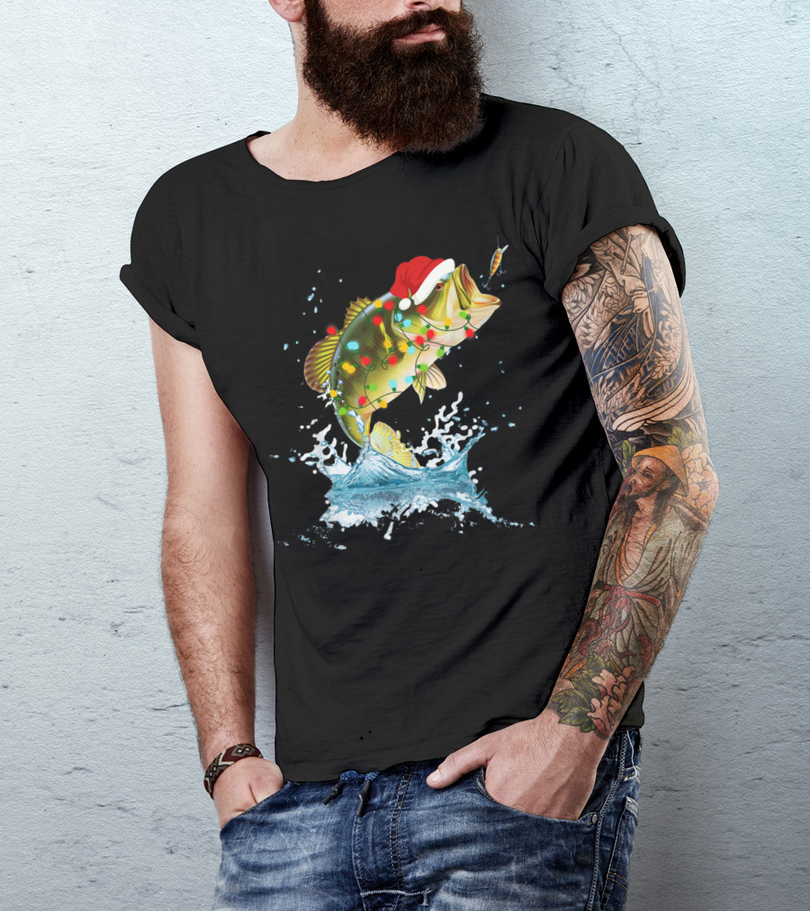 Santa Hat Bass Fishing With Christmas Lights Splash T-Shirt