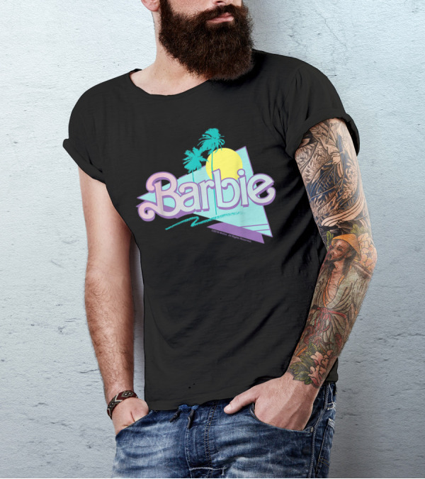 Barbie 90's Retro Pastel Logo With Palm Trees And Sun T-Shirt