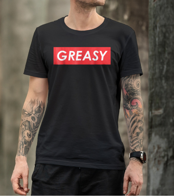 Greasy Red Box Bold White Text Iconic T-Shirt