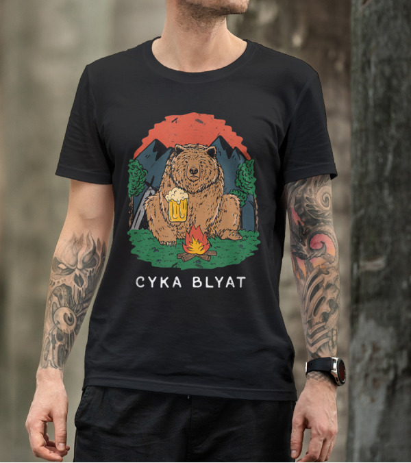 Cyka Blyat Russian Bear With Beer And Campfire Mountain Scene T-Shirt