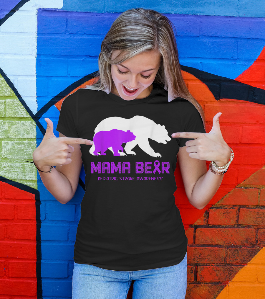 Mama Bear Pediatric Stroke Awareness Purple Ribbon Bears T-Shirt