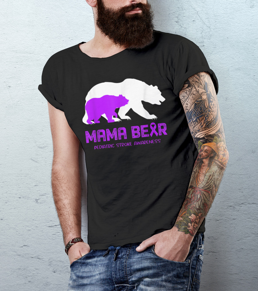 Mama Bear Pediatric Stroke Awareness Purple Ribbon Bears T-Shirt