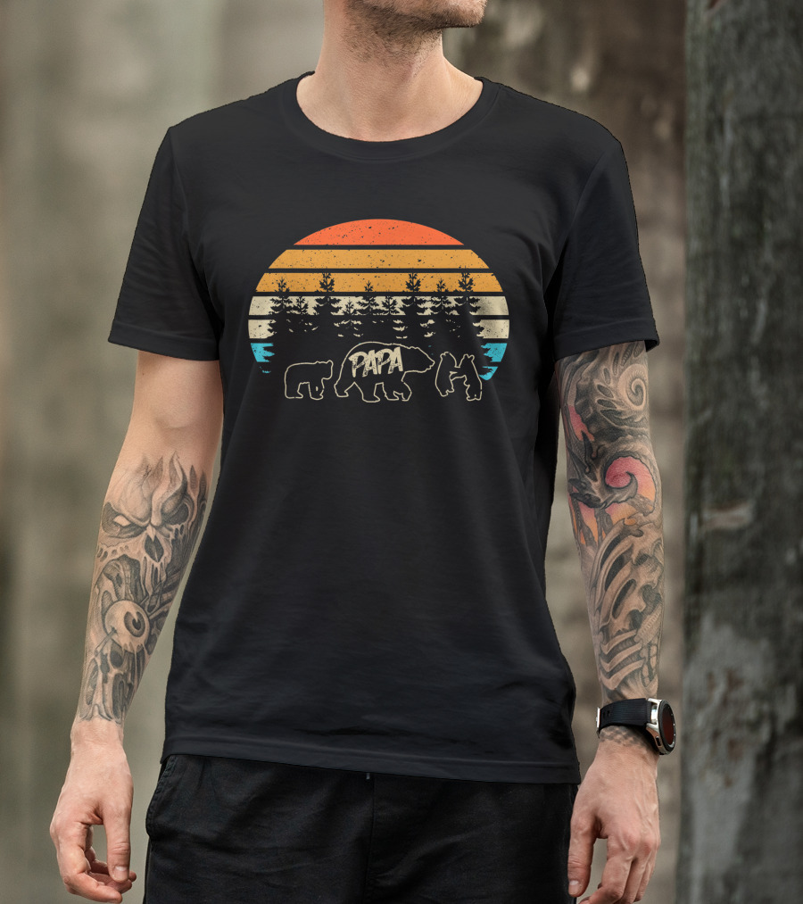 Papa Bear With Cubs Vintage Sunset Forest T-Shirt