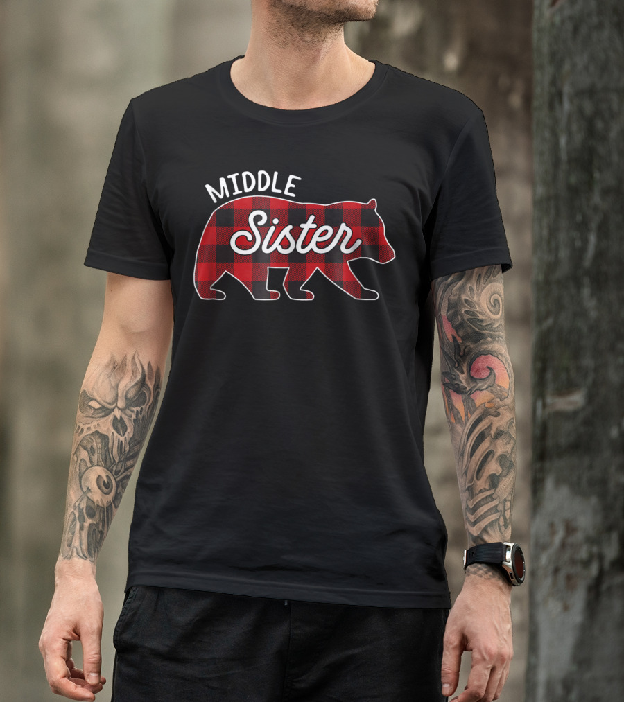 Middle Sister Bear Red Buffalo Plaid T-Shirt