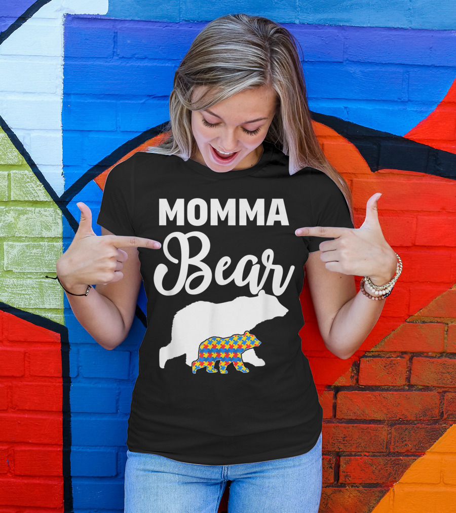 Momma Bear Autism Awareness Puzzle Pattern For Proud Supporters T-Shirt