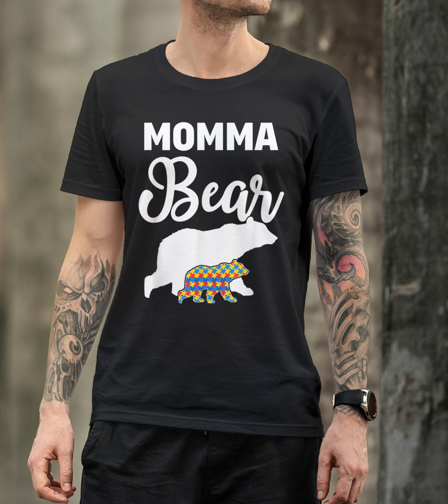 Momma Bear Autism Awareness Puzzle Pattern For Proud Supporters T-Shirt