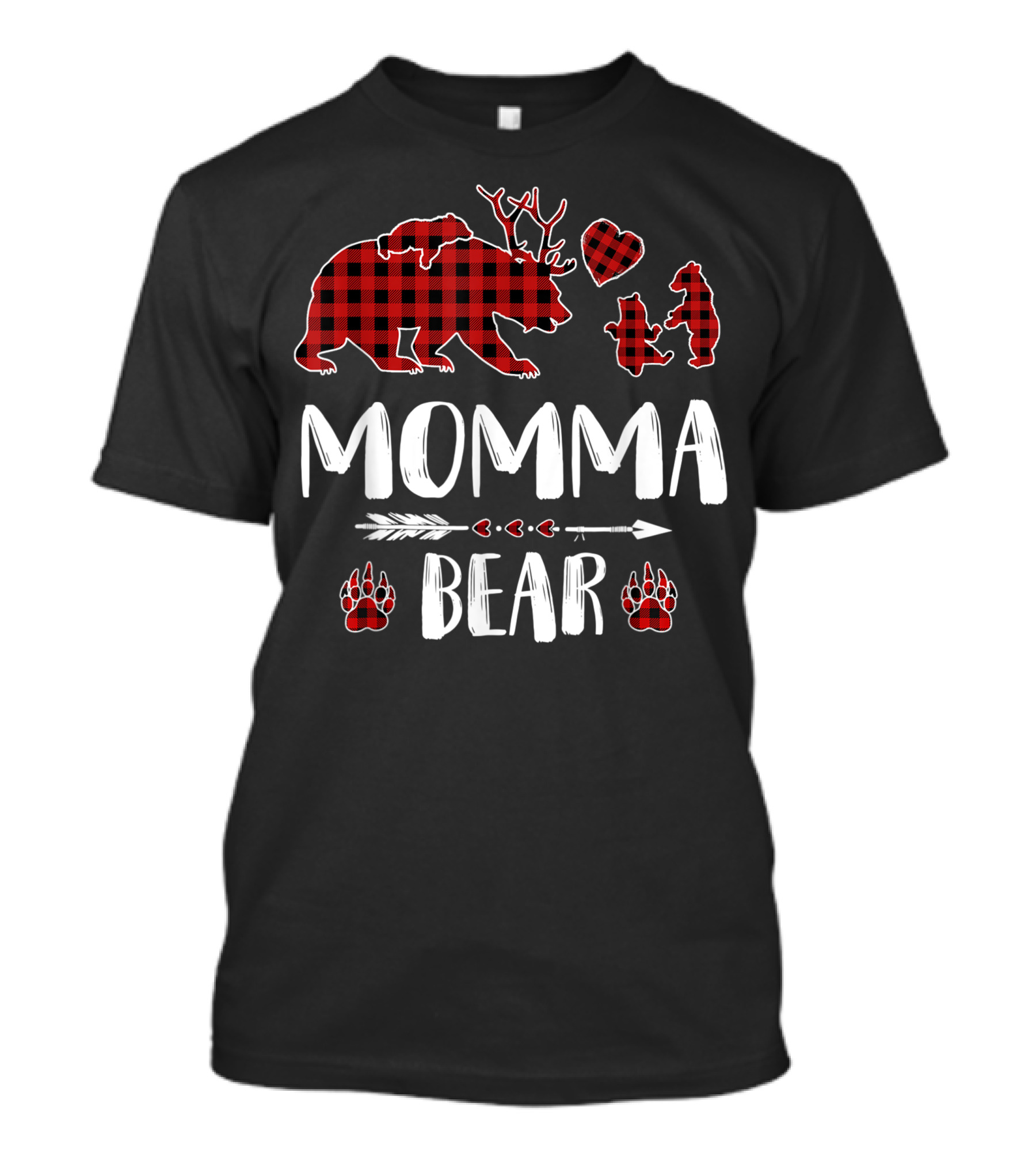 Momma Bear Red Plaid Buffalo Family Christmas Reindeer Antlers Heart Arrow Paws T-Shirt