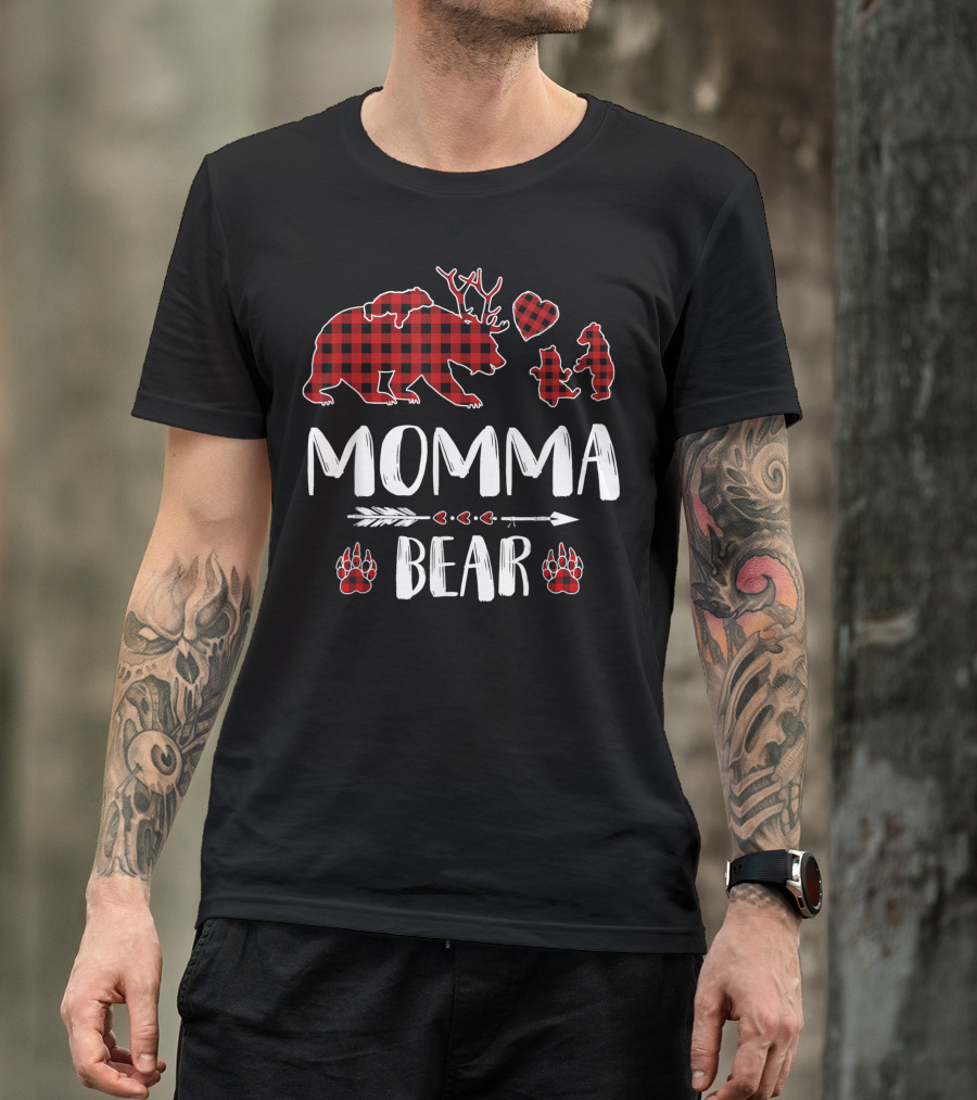 Momma Bear Red Plaid Buffalo Family Christmas Reindeer Antlers Heart Arrow Paws T-Shirt