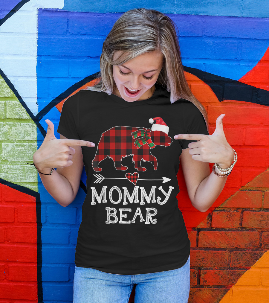 Mommy Bear Christmas Red Plaid Buffalo Santa Hat Bow Family T-Shirt