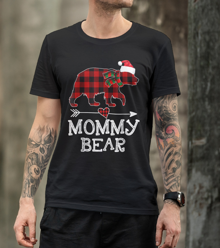 Mommy Bear Christmas Red Plaid Buffalo Santa Hat Bow Family T-Shirt