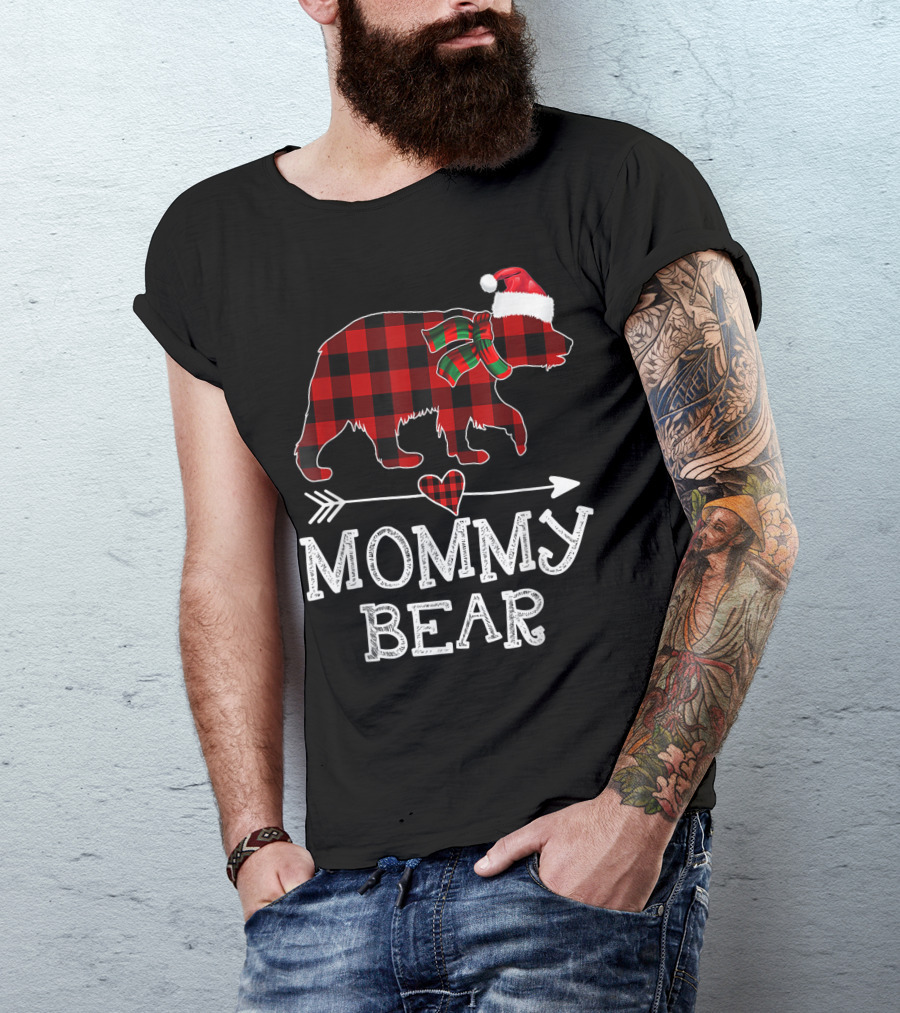 Mommy Bear Christmas Red Plaid Buffalo Santa Hat Bow Family T-Shirt