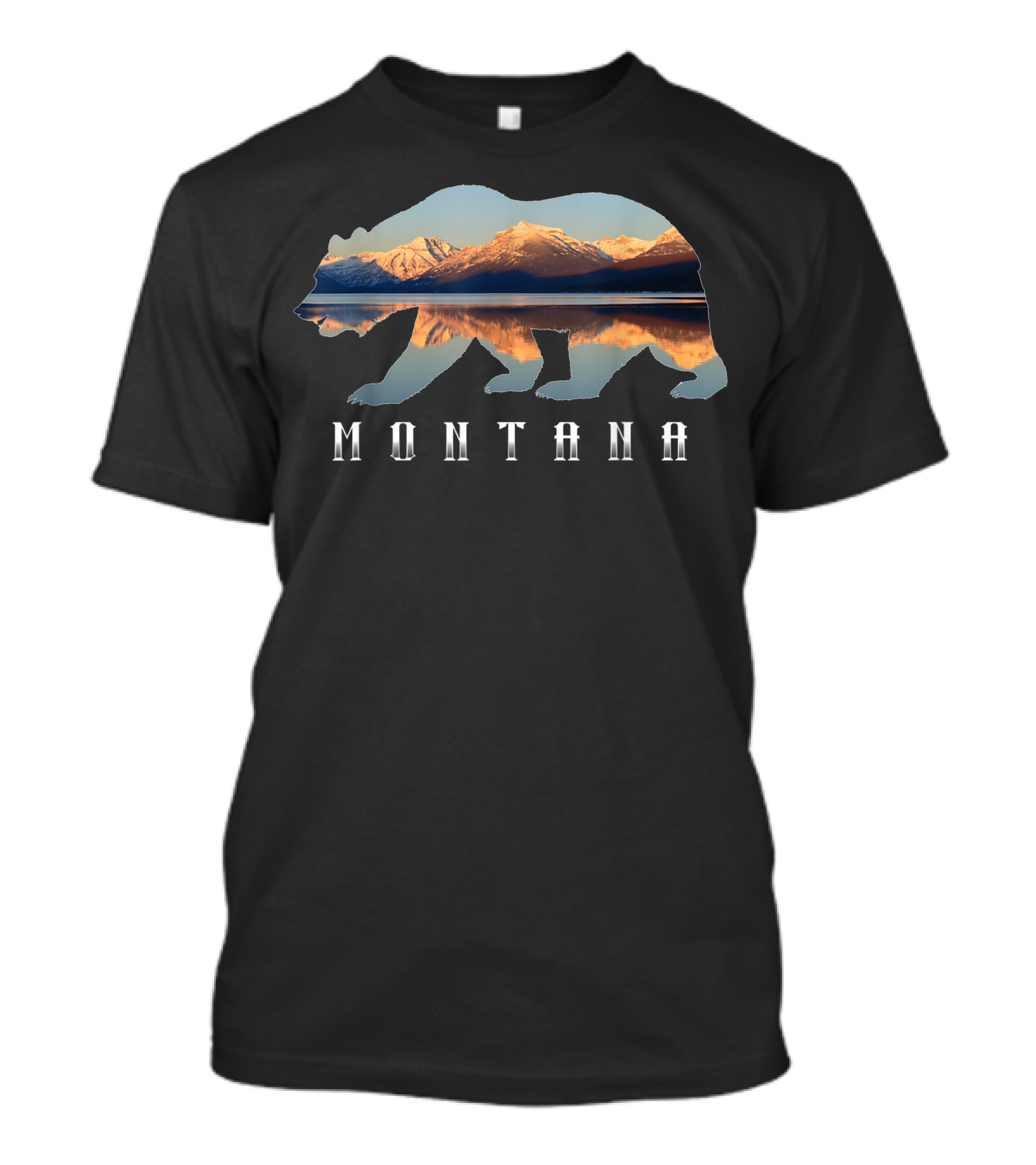 Montana Bear Silhouette With Glacier National Park Lake And Mountain Reflection T-Shirt