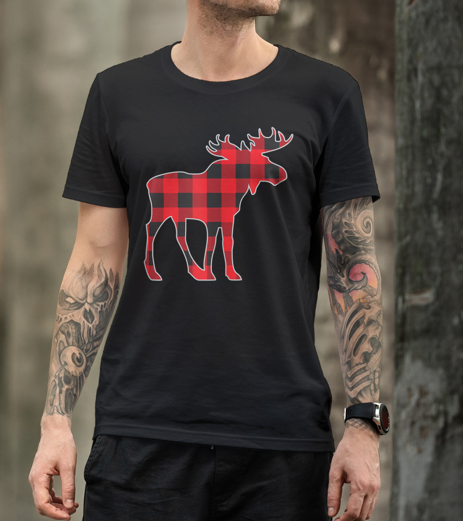 Moose Elk Buffalo Check Plaid Lumberjack Christmas T-Shirt