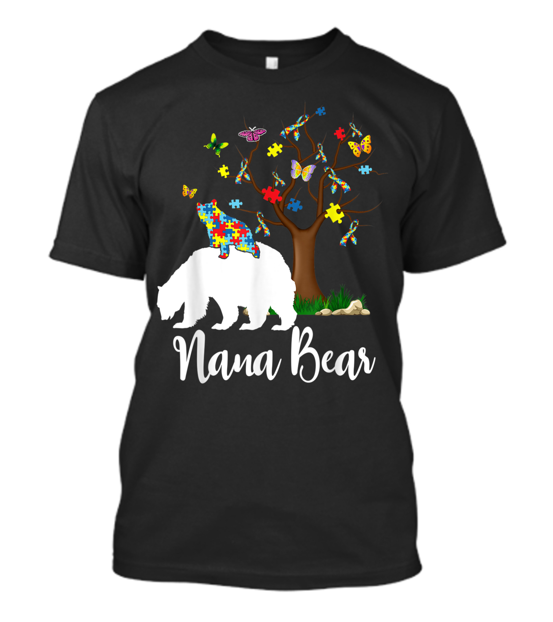Nana Bear Autism Awareness Love Support Puzzle Tree Butterflies T-Shirt