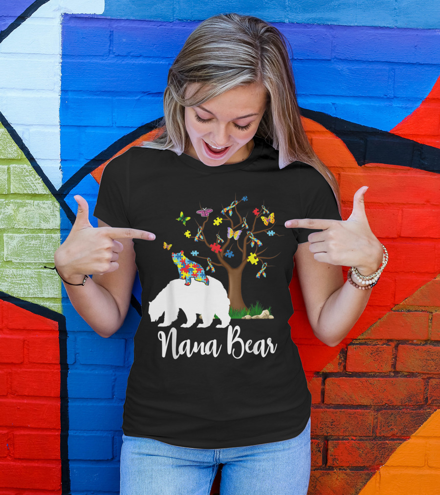 Nana Bear Autism Awareness Love Support Puzzle Tree Butterflies T-Shirt