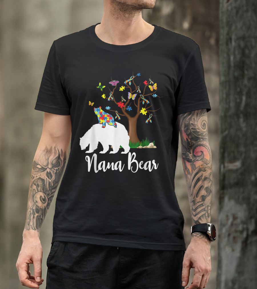 Nana Bear Autism Awareness Love Support Puzzle Tree Butterflies T-Shirt