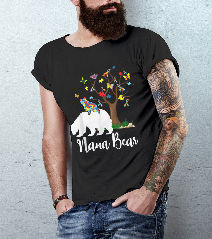 Nana Bear Autism Awareness Love Support Puzzle Tree Butterflies T-Shirt