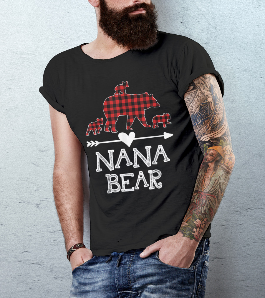 Nana Bear Red Plaid Three Cubs Arrow Heart T-Shirt