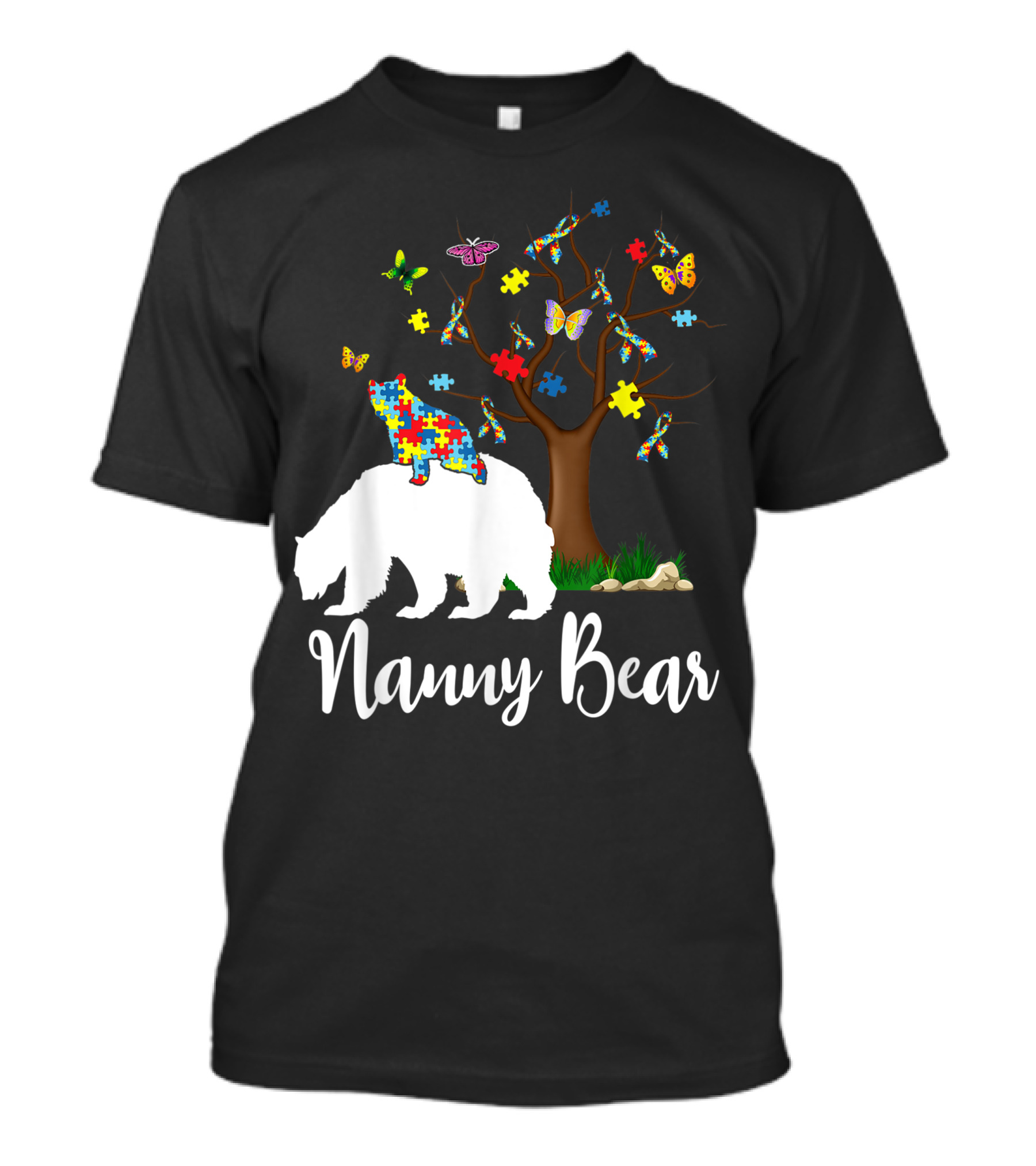 Nanny Bear Autism Awareness Love Support Puzzle Pieces Tree Butterflies T-Shirt