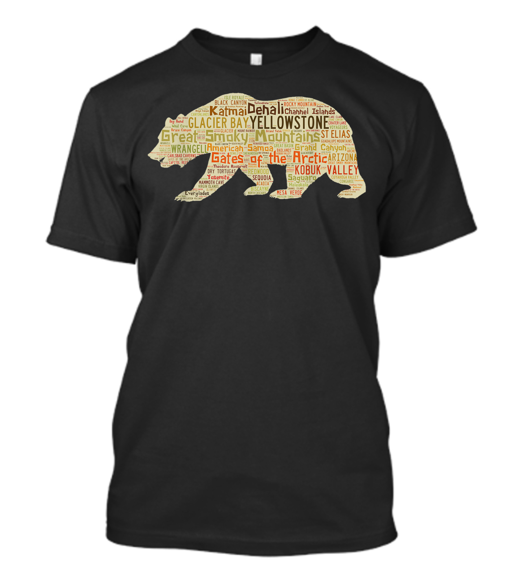 Bear Shaped Word Art Featuring Yellowstone Denali Great Smoky Mountains Gates Of The Arctic National Parks T-Shirt
