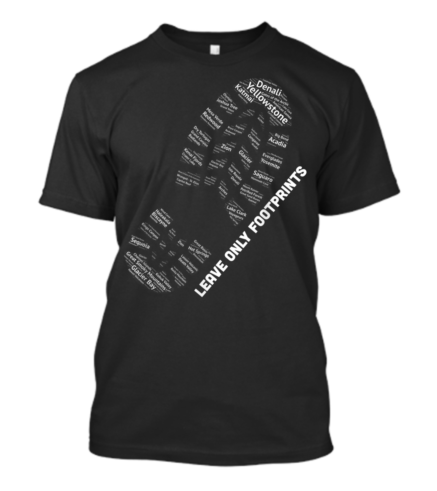 Leave Only Footprints Boot Print Listing All National Parks Denali Yellowstone Yosemite Glacier Sequoia Joshua Tree T-Shirt