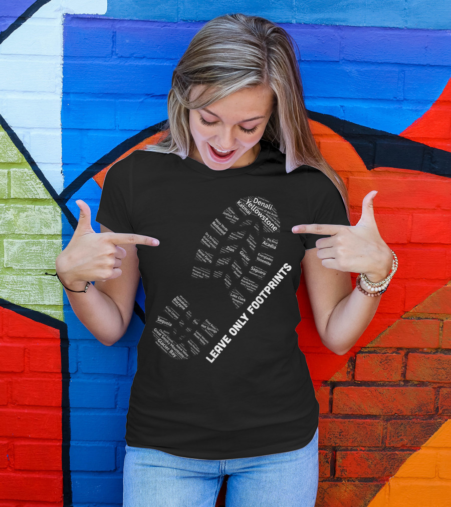 Leave Only Footprints Boot Print Listing All National Parks Denali Yellowstone Yosemite Glacier Sequoia Joshua Tree T-Shirt