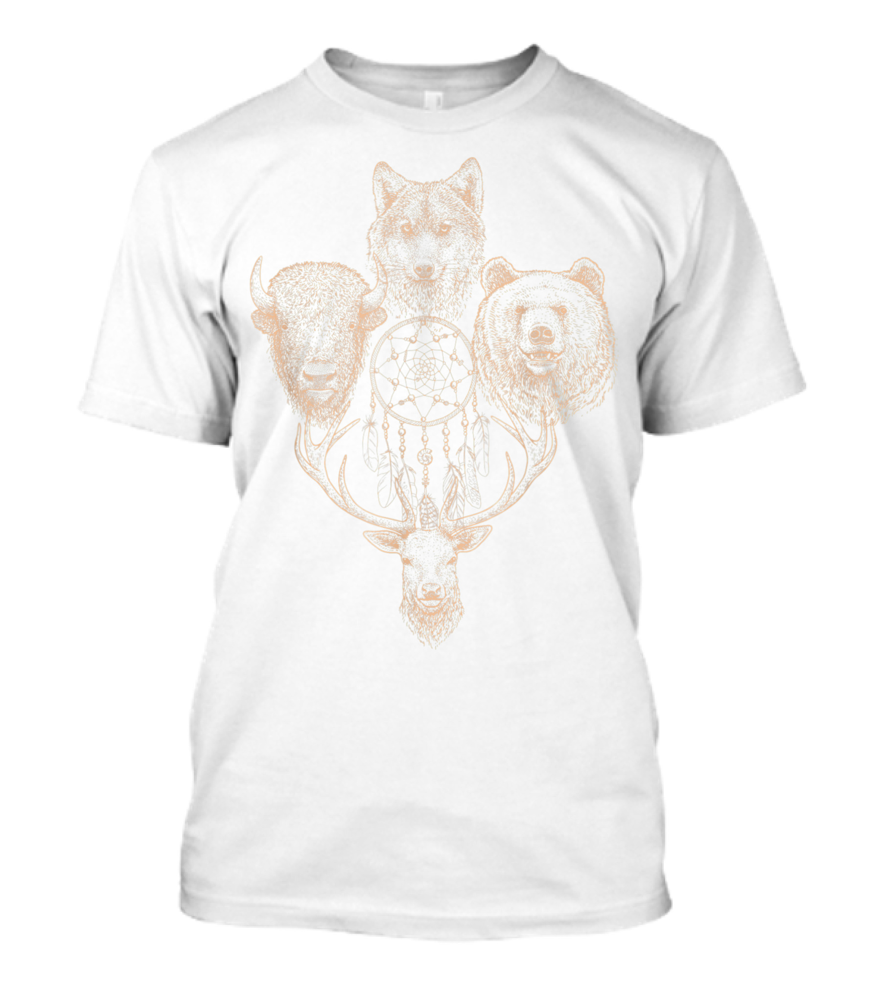 Dreamcatcher With Wolf, Bear, Bison, And Deer For Native American And Tribes Lovers T-Shirt