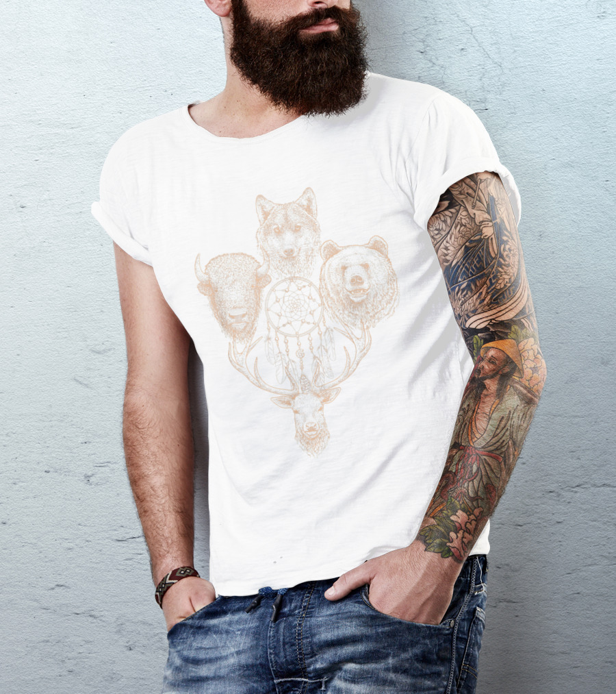 Dreamcatcher With Wolf, Bear, Bison, And Deer For Native American And Tribes Lovers T-Shirt