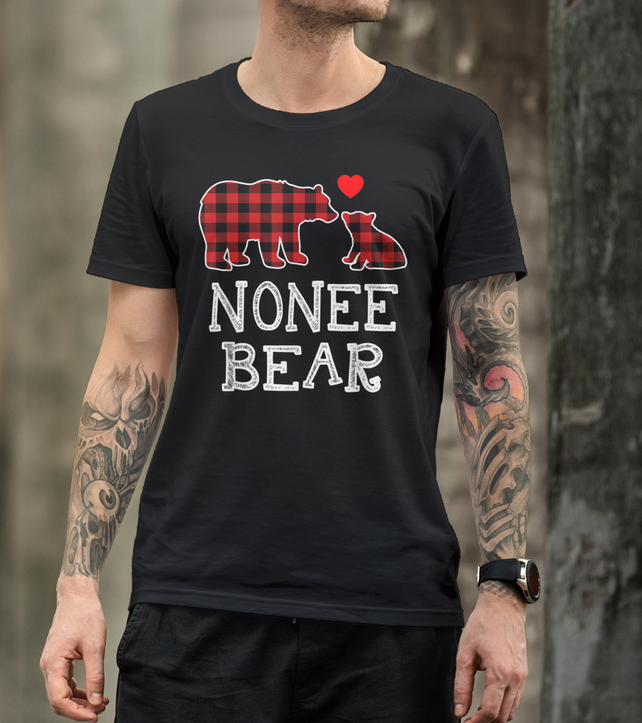 Nonee Bear Buffalo Plaid Family Christmas Red Heart T-Shirt