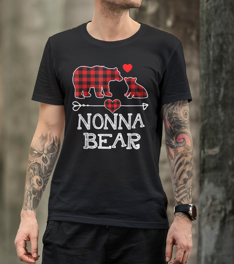 Nonna Bear Red Plaid Heart Buffalo Check Family Christmas T-Shirt