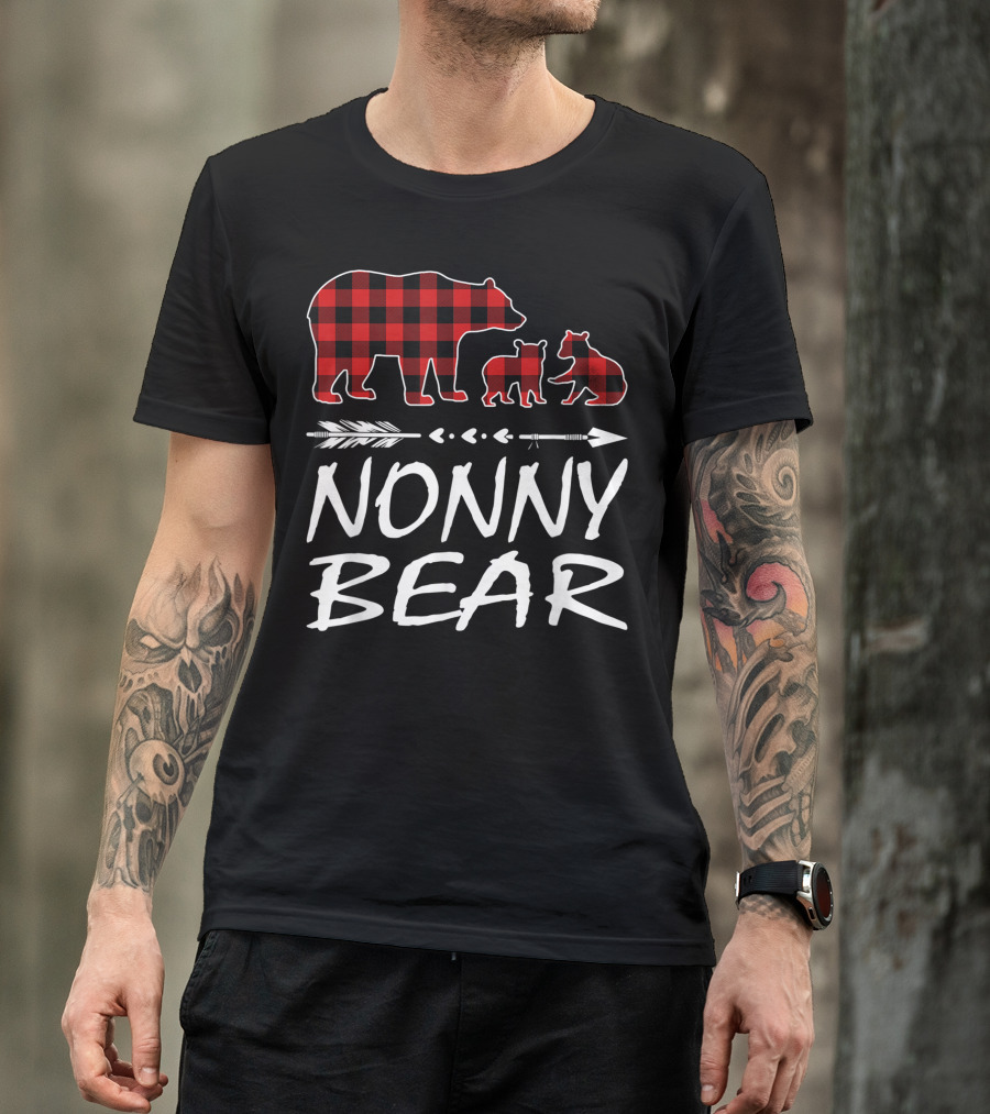 Nonny Bear With Two Cubs In Red Plaid With Arrows T-Shirt