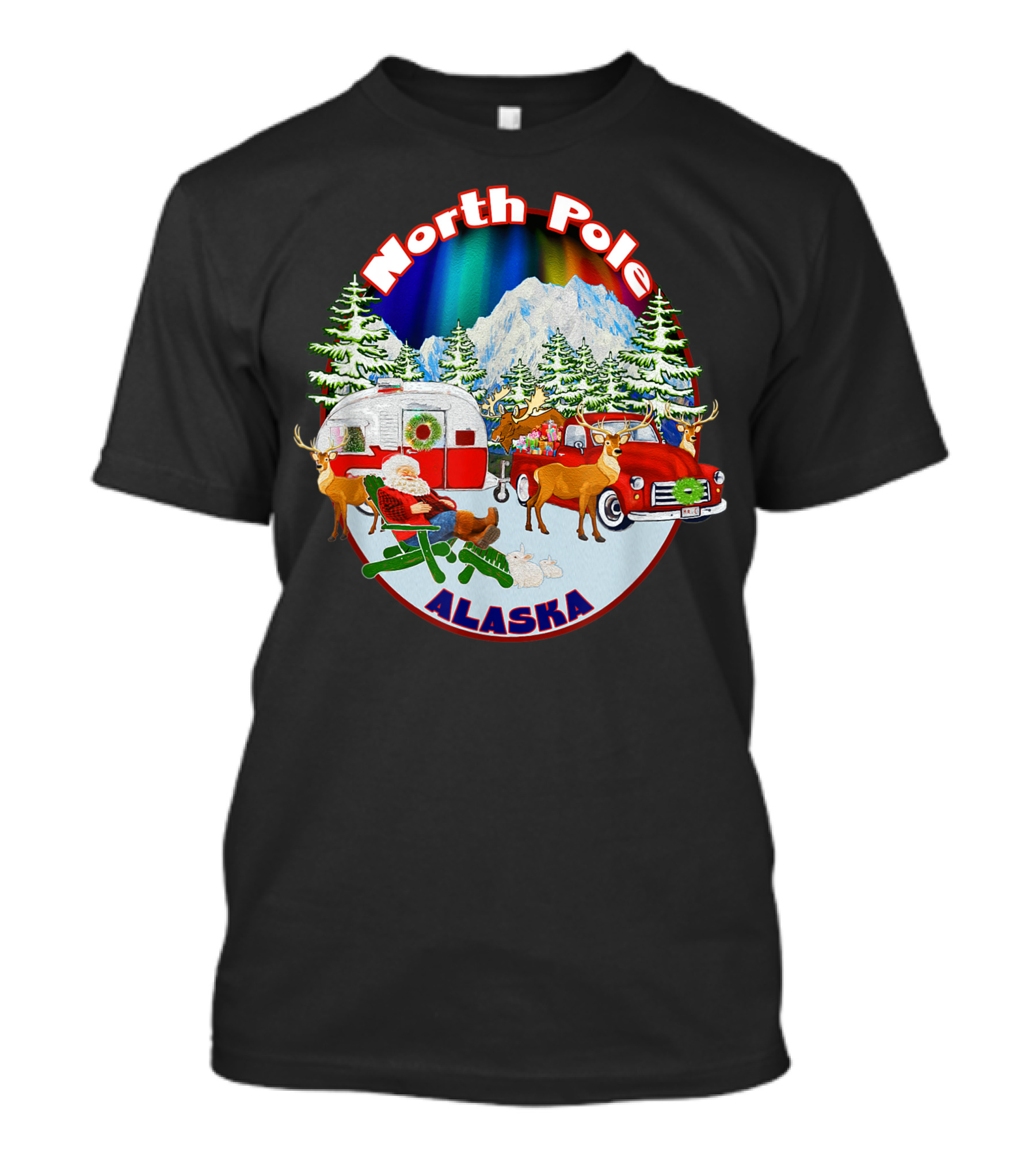 North Pole Alaska Santa Camping Reindeer Aurora Borealis T-Shirt
