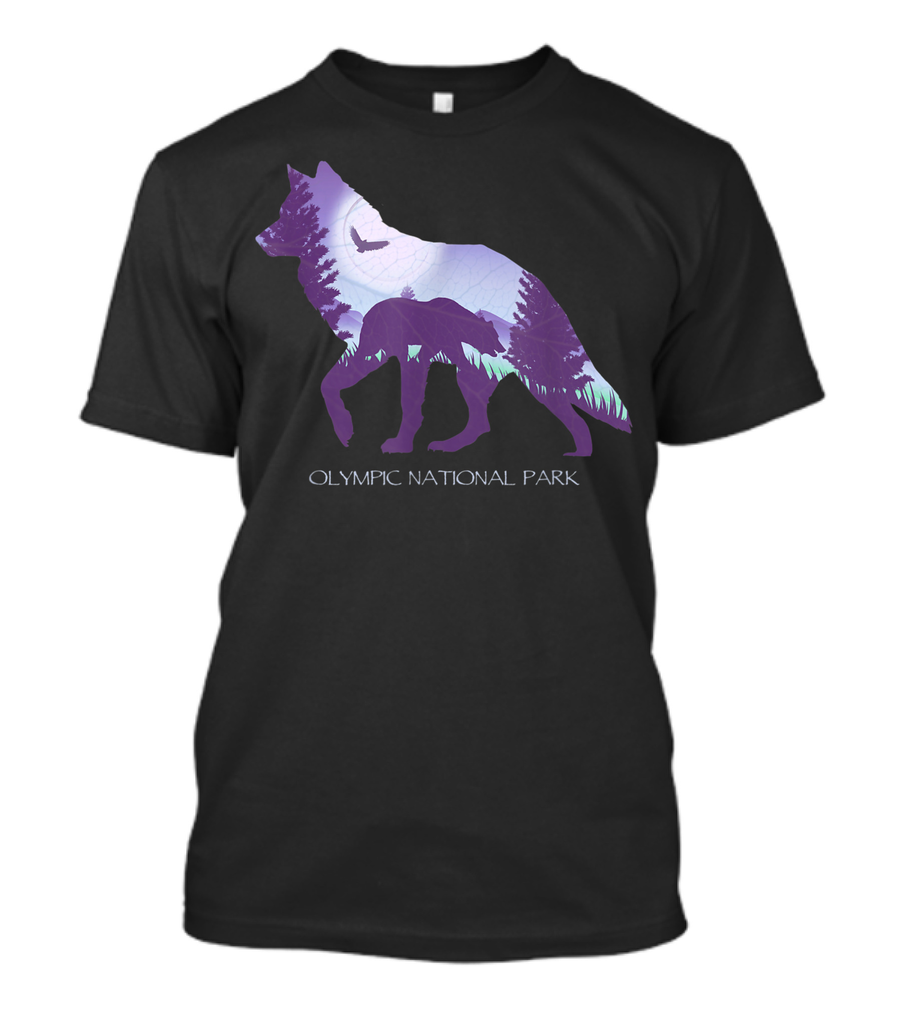 Olympic National Park Washington Wolf Silhouette With Forest And Bird Scene T-Shirt