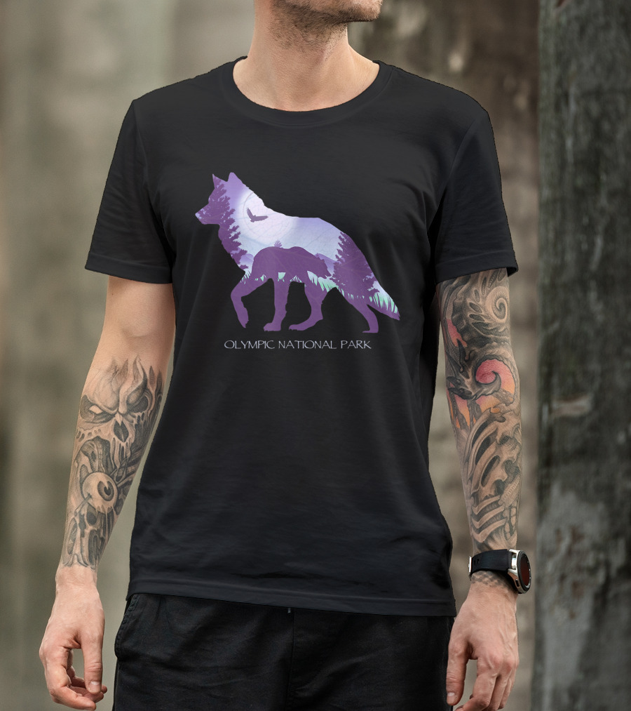 Olympic National Park Washington Wolf Silhouette With Forest And Bird Scene T-Shirt
