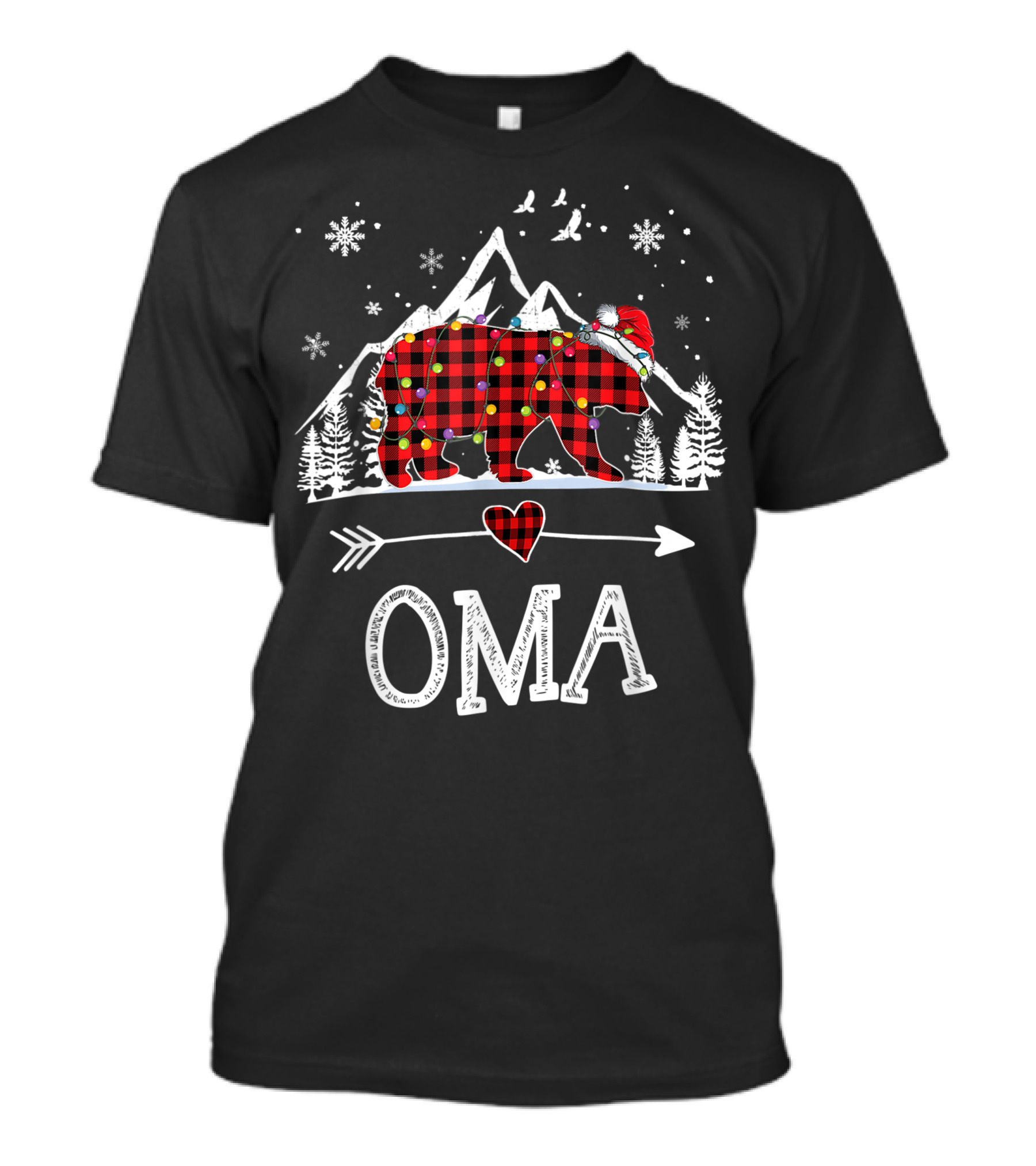 Oma Bear Christmas Red Plaid Buffalo Family With Snowflakes And Mountains T-Shirt