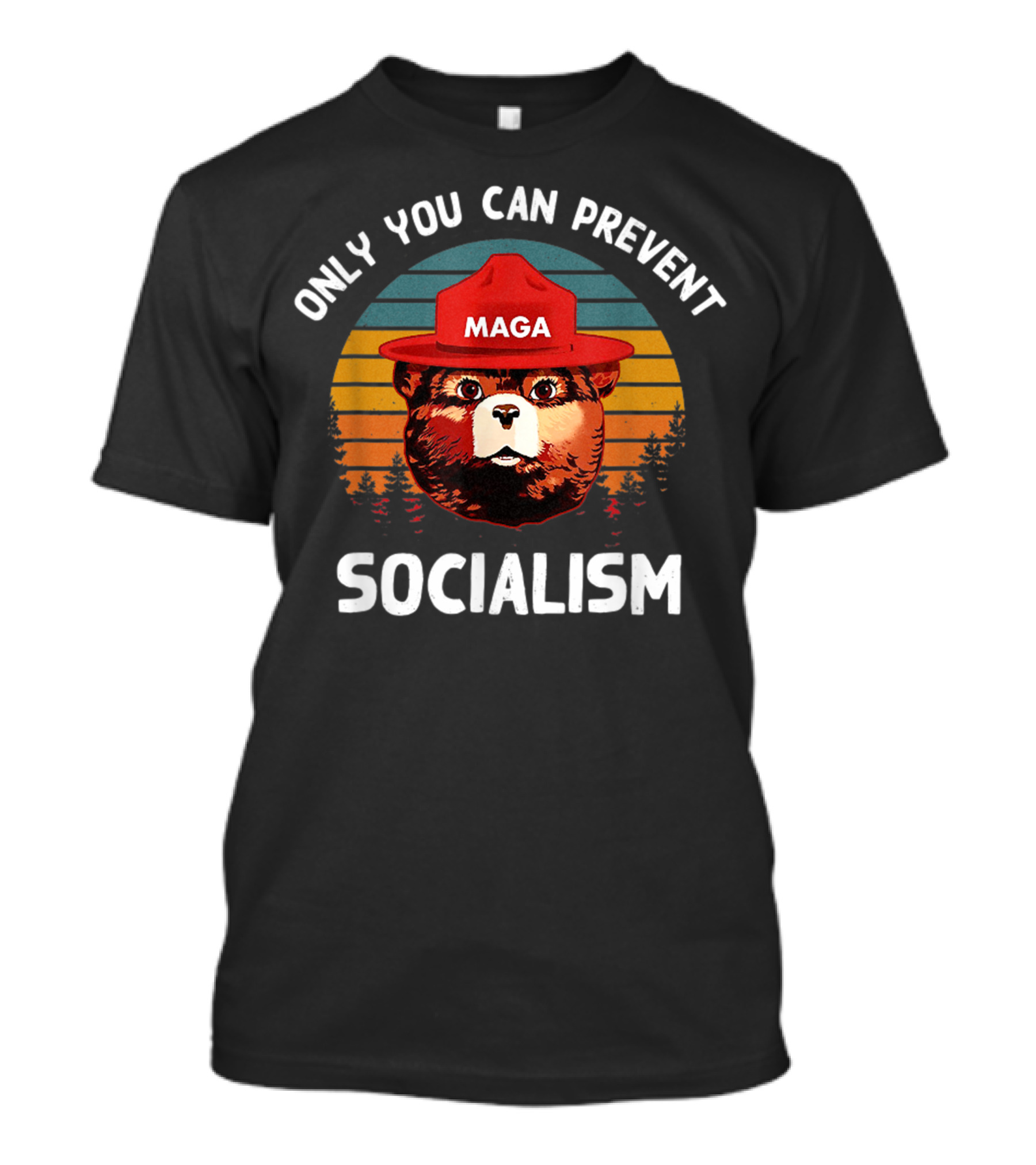 Only You Can Prevent Socialism Maga Bear Republican Retro Forest Sunset T-Shirt