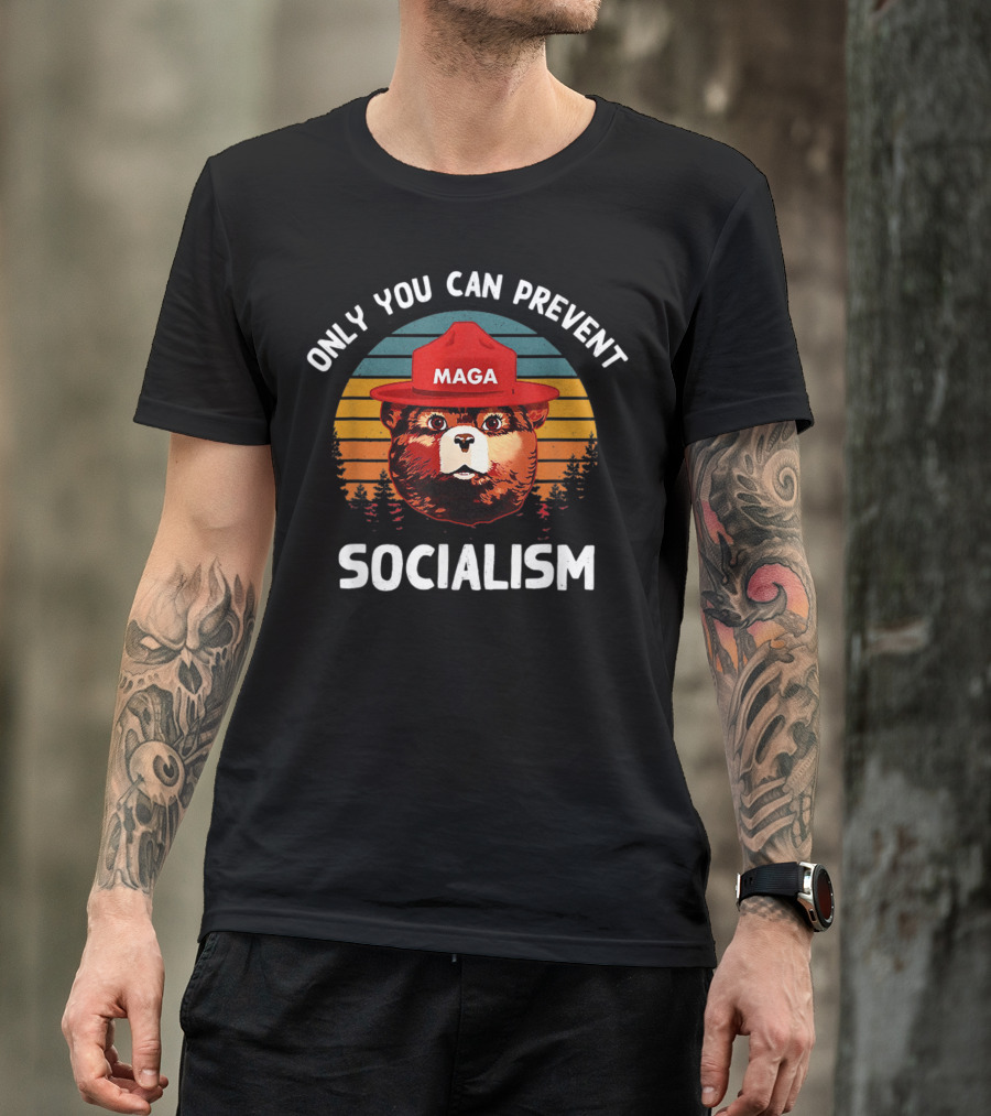 Only You Can Prevent Socialism Maga Bear Republican Retro Forest Sunset T-Shirt
