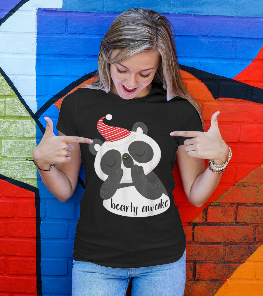 Bearly Awake Cute Panda Bear In Red Stripe Hat T-Shirt