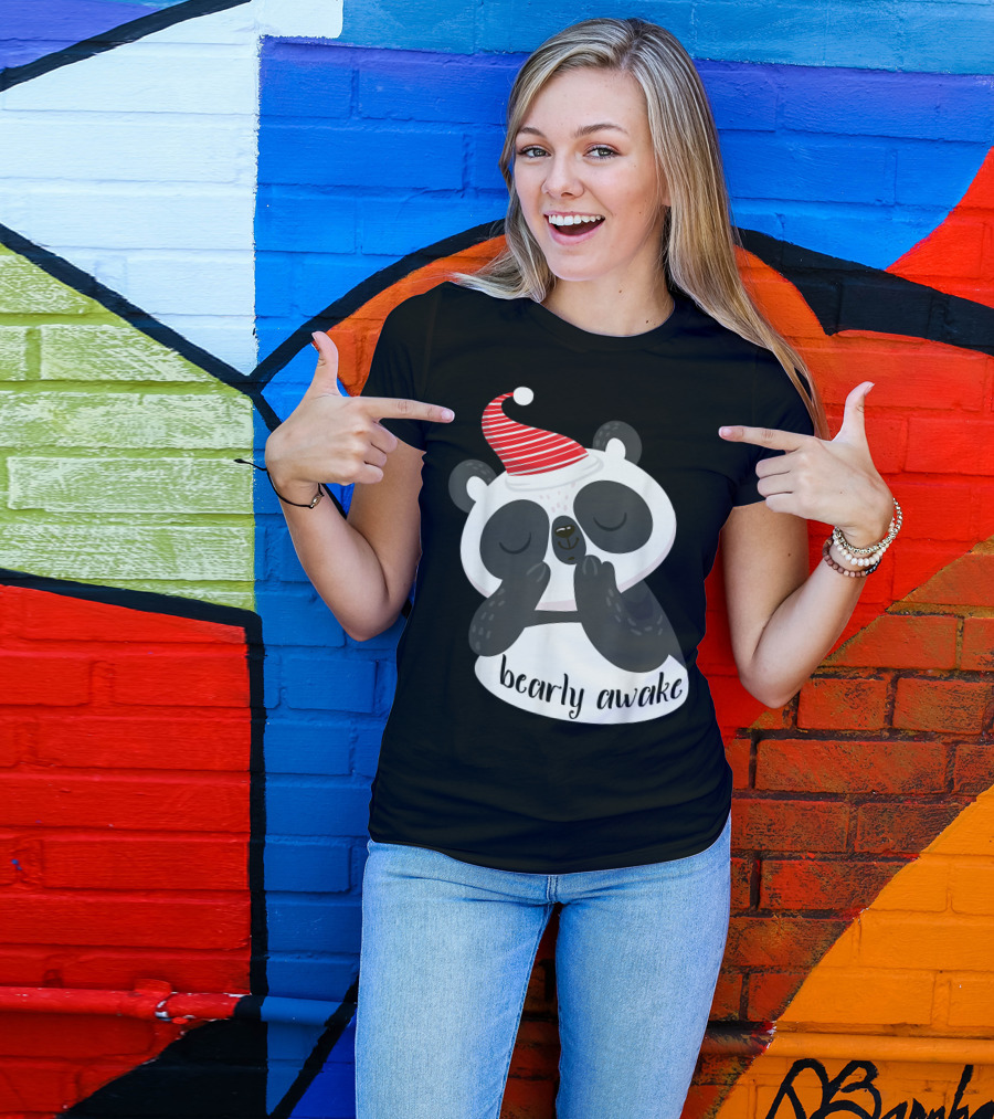 Bearly Awake Cute Panda Bear In Red Stripe Hat T-Shirt