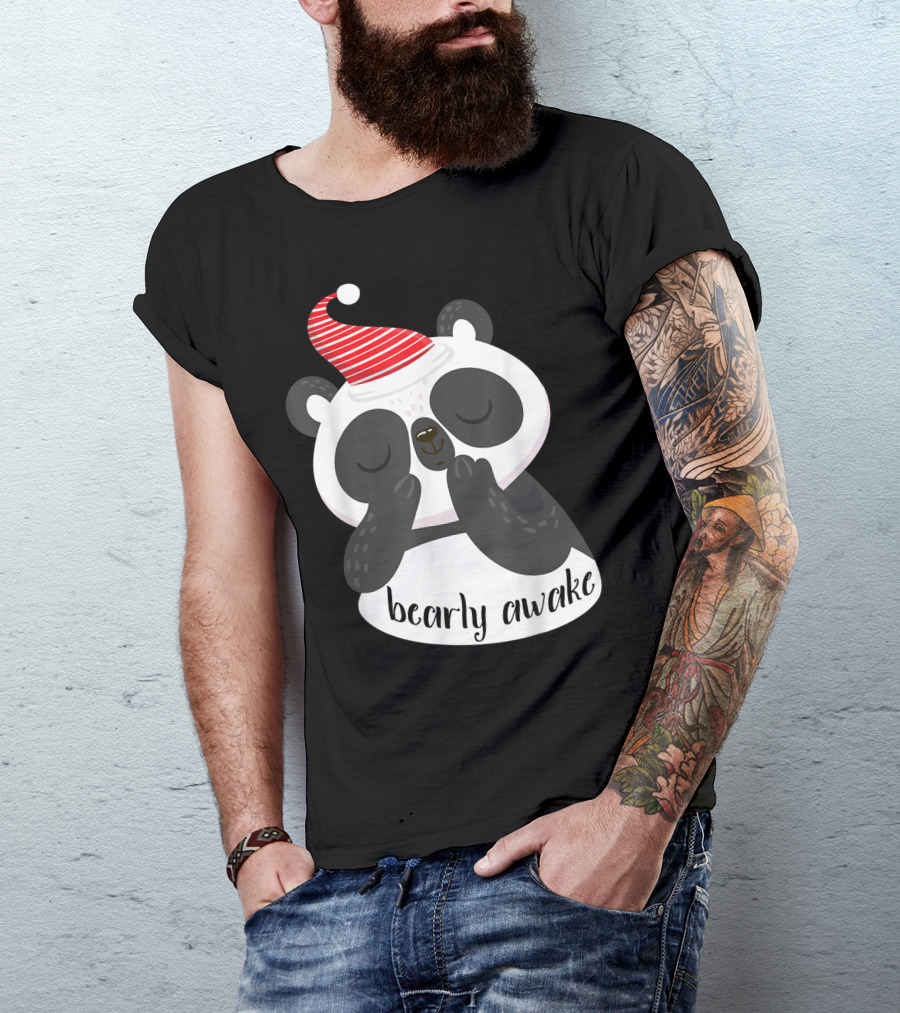 Bearly Awake Cute Panda Bear In Red Stripe Hat T-Shirt