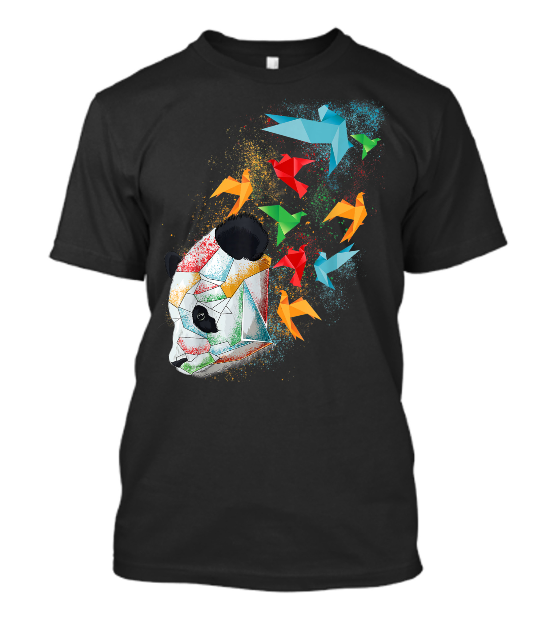Panda Bear With Colorful Origami Birds Flying In Folded Paper T-Shirt